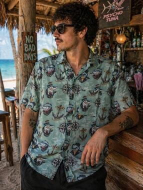 NWT - Psycho Tuna Men's SS Anchor & Shark Print Shirt - Sage Green, Size Large